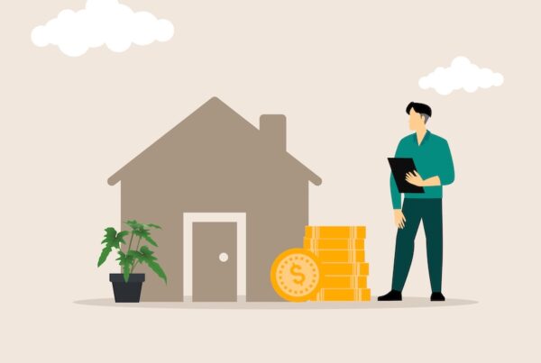 Man counting house price, home insurance cost, property value or rent. Realtor or real estate agent offe, saving and buying apatment. Money and small building, vector illustration concept.